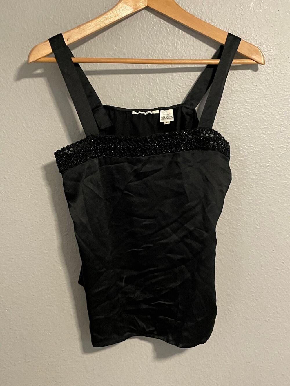 Vintage Womens Top Size 6 Black Silk Satin Beaded Trim Strappy Fairy Formal 90s